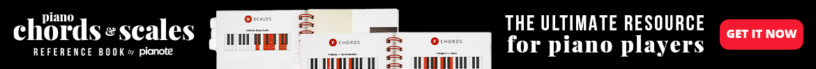 Banner showing chords and scales spiral bound book with text “Piano Chords & Scales Reference Book By Pianote - The Ultimate Resource for Piano Players - Get It Now.”